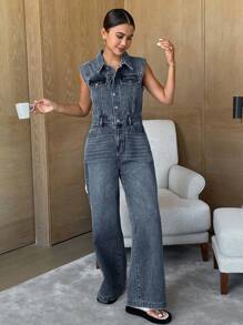 Livesso 女式复古西式水洗无袖长款牛仔背带裤和连体裤秋冬 - 深色水洗藍 - 查看 5