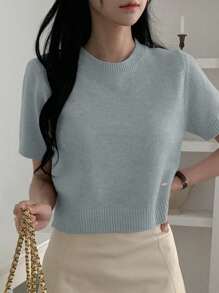 DAZY Solid Color Round Neck Short Sleeve Fitted Cropped Casual Knit Top For Women, Spring,Fall Clothes - Blue - View 4