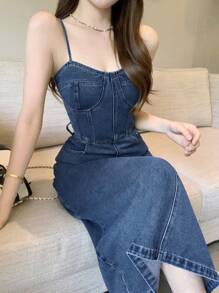 DAZY 女式休闲牛仔细肩带连衣裙，适合夏季太阳裙 - 寶藍色 - 查看 1