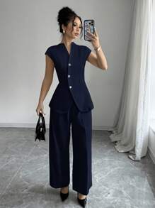 Siren Gaze 2024秋季新款西装背心配不对称金属纽扣装饰长款背心外套、阔腿西装裤、休闲商务西装套装 - 藏蓝色 - 查看 3