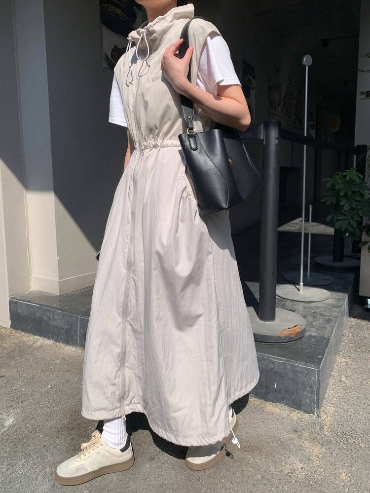 Women's Solid Color Cinched Waist Hooded Dress, Outdoor Sundress Maxi Dress