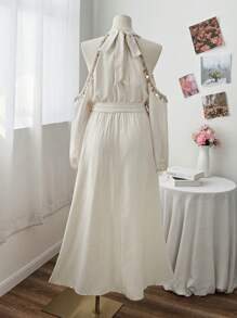 Sunnyshic Vestido largo elegante de línea A para playa con escote halter y cordones, vestido de lino cómodo para vacaciones