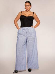 SHEIN BAE Pantalones casuales a rayas azules y blancas de talla grande con lazo, adecuados para uso diario, ir a trabajar, salir, citas, té de la tarde, vacaciones, primavera/verano - Azul y blanco - Ver 1