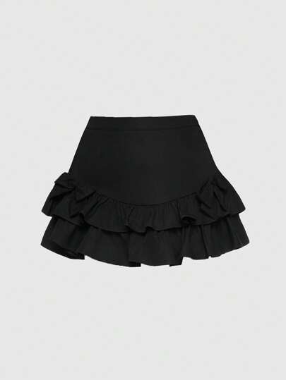 Goth Plus Size Black Low Waist Super Mini Layered Ruffled Bow Decor Skirt