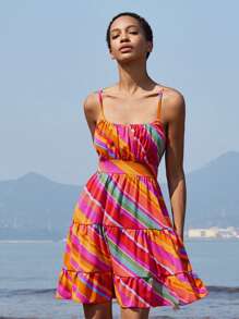 SHEIN Unity 2025 Spring/Summer Vacation Casual Elegant Romantic Versatile Rainbow Striped Contrast Color Print Waist Cinched Women Cami Dress - Multicolor - View 5