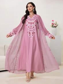 Al Najma Conjunto de 2 piezas para mujer: Bata de gasa con estampado floral de manga larga y vestido escote en V, elegante