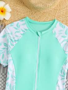 Girls' Cute Leaf Print Short Sleeve One-Piece Swimsuit (Random Print) - Green - View 7