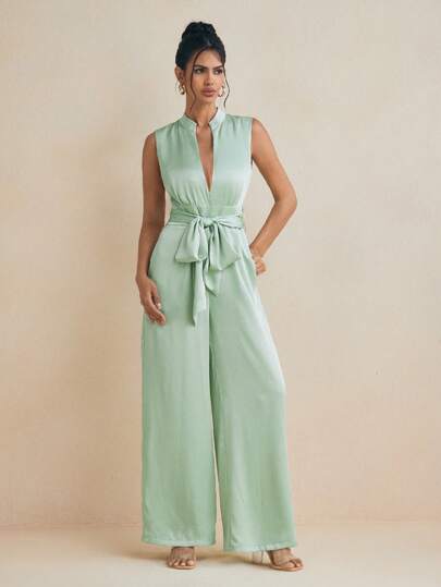 ODELIAR Designer Green Deep V Wide Leg Elegant Fashion Jumpsuit With Removable Belt For Spring And Summer Vacation, Spring Break, Ibiza Fits