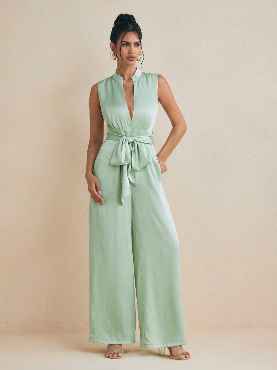 ODELIAR Designer Green Deep V Wide Leg Elegant Fashion Jumpsuit With Removable Belt For Spring And Summer Vacation, Spring Break, Ibiza Fits - Green - View 1