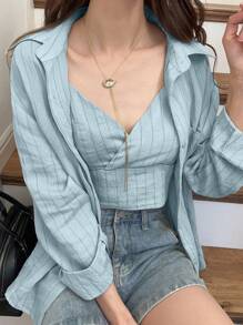 FRIFUL 2 件套女士条纹吊带背心和长袖纽扣衬衫套装亚麻 - 藍色 - 查看 5