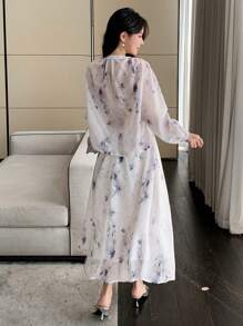 DAZY 2 Stück/Set Damen Blume Muster Rundhals Puffärmel Bluse mit Gürtel & Rock, Herbst Damenkleidung - Blau - Übersicht 2