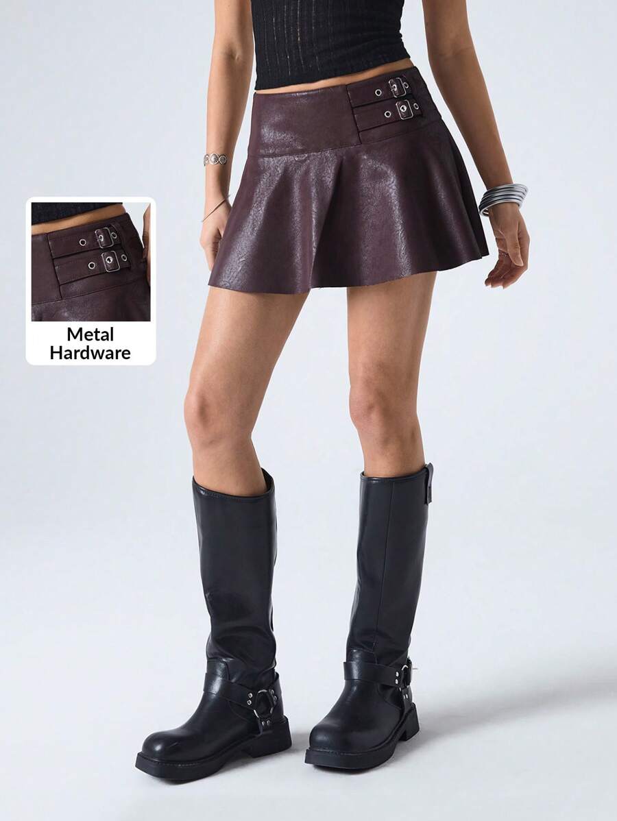 LYSMO 女士可调节孔眼扣设计时尚 PU 皮革短裙
