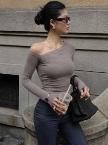 DAZY Dames effen kleur asymmetrische hals lange mouwen cropped getailleerd T-shirt Y2k