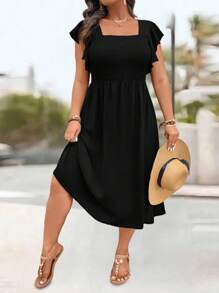 EMERY ROSE 大码女式度假腰部褶皱 A 字形盖袖连衣裙