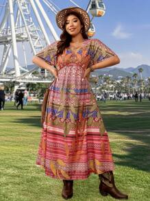 SHEIN VCAY Vestido casual de vacaciones con estampado vintage de talla grande