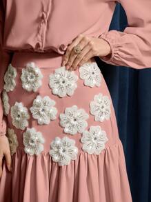 Modelyn Women's Elegant Lantern Sleeve Blouse And Beaded Flower Patch Skirt 2Pcs Set - Pink - View 5