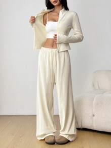 SHEIN EZwear 女士修身拉链夹克和裤子套装，纯色长袖休闲 - 杏色 - 查看 5