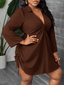 Slaydiva 大码女式优雅休闲通勤派对约会性感修身纯色锈红色长袖褶皱扭结前襟抽绳腰迷你衬衫裙，春秋季 - 棕色 - 查看 5
