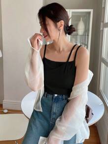 FRIFUL 女士夏季纯色不对称吊带背心 - 黑色 - 查看 5