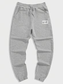 RueChic Men Letter Patched Drawstring Waist Joggers - Grey - View 3