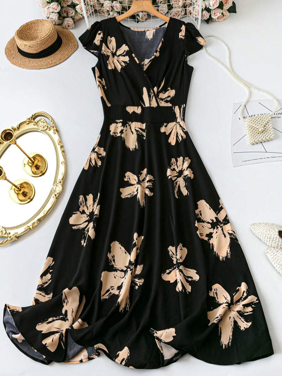 Rometta Plus Size Women's Floral Print V-Neck Cinch Waist Slim Fit Summer Dress