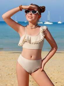 SHEIN Tween 女童荷叶边不对称领度假泳装，可爱儿童游泳套装 - 米色 - 查看 5