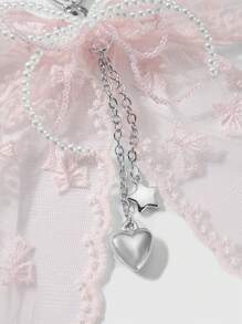 ROMWE Kawaii 1pc Korean Style Sweet & Delicate Versatile Simple High-Quality Handmade Beaded White Faux Pearl Crystal Net Yarn Embroidery Ribbon Bow Chain CCB Star Heart Pendant Keychain Bag Charm, Suitable For Women, Daily Wear, Festival Gift - Dusty Pink - View 7