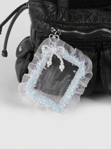 ROMWE Kawaii 1 件优雅时尚手工珍珠蝴蝶结、蓝色蕾丝、网状透明身份证/卡夹、钥匙扣、包包饰品，适合办公室女士、学生、女士、日常穿着和礼物