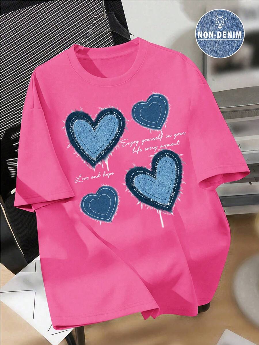 SHEIN EZwear 加大码女式心形图案圆领短袖 T 恤，休闲宽松套头衫，加大码，适合夏季 - 玫紅色 - 查看 1