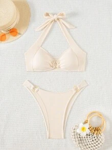 SHEIN Swim 夏季海滩女士纯色吊带胸罩和泳裤比基尼套装泳衣棕色比基尼两件套比基尼