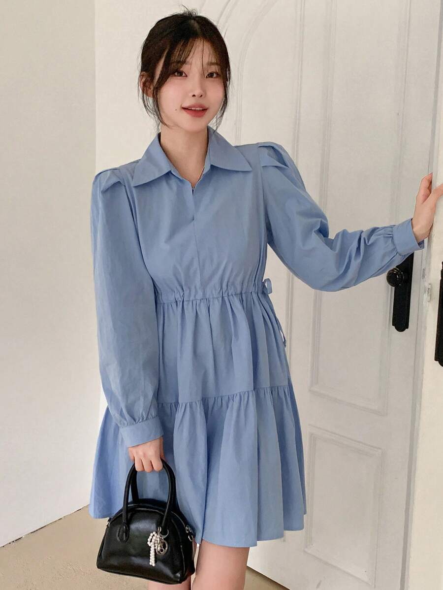 Solid Puff Sleeve Ruffle Hem Shirt Dress,Fall Dress Long Sleeve Dress - Blue - View 1