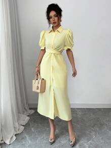 Elenzga Đầm thời trang phong cách Pháp thanh lịch, cổ tròn, buộc chéo, tay bồng, hở phía trước, màu hoa mao lương, dành cho nữ, mùa xuân/hè - Màu vàng - Xem 4