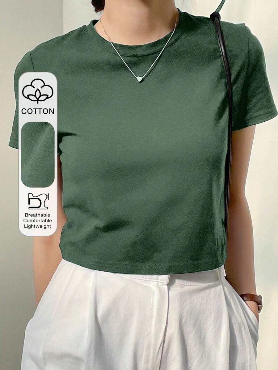 Dazy-Less 纯色圆领短款T恤，复古富贵风格，夏季商务休闲女装，复活节 - 綠色 - 查看 1