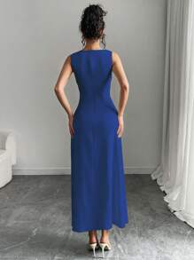 SHEIN Unity Women Elegant Solid Color V-Neck High Slit Sleeveless Dress, Formal Evening Dress, Sexy Long Dress - Blue - View 2
