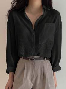 DAZY 女式纯色落肩长袖口袋宽松休闲衬衫，春夏 - 黑色 - 查看 6