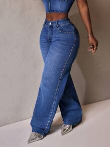 Slaydiva 女士口袋与铆钉装饰宽腿宽松休闲牛仔裤 - 藍色 - 查看 7