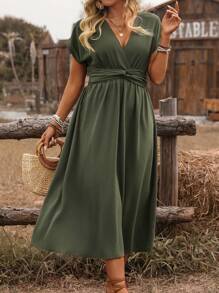 Ceyna Plus Size Women's French Style Commuter Casual Holiday Solid Color Cross Shirred Waist Tie Back Drawstring Loose Sleeve Midi Dress, Spring/Summer - Army Green - View 3