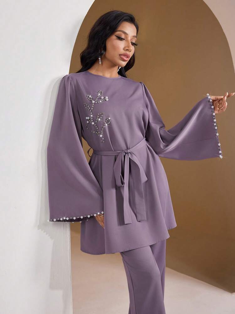 Veilorie 2 pezzi/Set Completo da donna composto da top con maniche a campana e pantaloni, impreziosito da perline e cristalli - Viola - Visualizzare 5