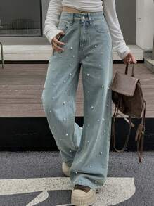 FRIFUL Jeans de pierna ancha casual y desgastados decorados con perlas para mujeres