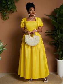 Maweii 2pcs/Set Plus Size Women Square Neck Cropped Top And High Waist Mini Skirt - Yellow - View 6