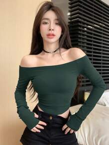 DAZY Kaos Wanita Model Bahu Terbuka, Warna Hijau Alpukat Polos, Pakaian Musim Semi/Panas, Musim Gugur, Atasan Wanita Lengan Panjang untuk Acara Keluar Rumah - Dark Green - View 4