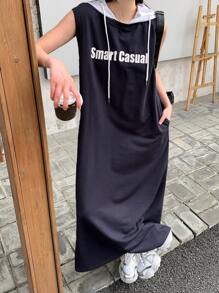 DAZY Gaun Kasual Wanita Panjang Sedang dengan Motif Huruf, Warna Kontras, Tali Serut, dan Tudung, Gaun Musim Panas - Navy Blue - View 4
