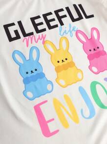 Tween Girl Cartoon Rabbit Letter Print Cap Sleeve Top And Flared Pants 2 Pieces Set