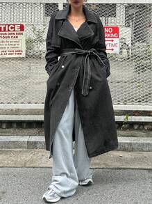 DAZY Women's Front Button Long Sleeve Pocket Minimalist Long Denim Jacket,Fall Clothes - Black - View 4