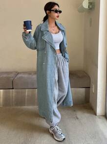 DAZY 女式休闲长款翻领双排扣牛仔夹克，秋季，返校服装 - 藍色 - 查看 6