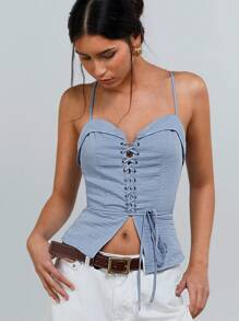 Athîral Women's Solid Color Eyelet Tie Up Corset Cami Top - Blue - View 3