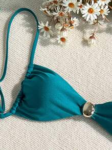 SHEIN Swim Women Solid Color Gold Circular Ornament Spaghetti Strap Beach Bikini Top - Teal Blue - View 3