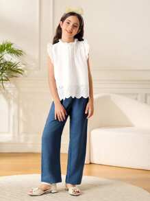 Set de 2 piezas de blusa con bordado y pantalones con dobladillo de volantes de unicolor para niñas preadolescentes