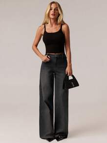 SHEIN Forever 21 春夏女士浪漫/舞会/正式/生日/90 年代/商务休闲/优雅/西部装/外出/时尚/休闲/Y2K 服装/俱乐部/办公室/鸡尾酒会/复古/紧身/狂欢服装/搞笑/优雅/老钱/街头服饰/度假/乡村音乐会/工作/端庄/春假/单身女郎服装/音乐会/坏人/基本款/毕业/蓝色水洗/低腰/宽松/直筒/阔腿/牛仔装/黑色牛仔裤 - 黑色 - 查看 6