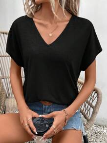 SHEIN Frenchy Camiseta de manga de murciélago de unicolor simple y versátil